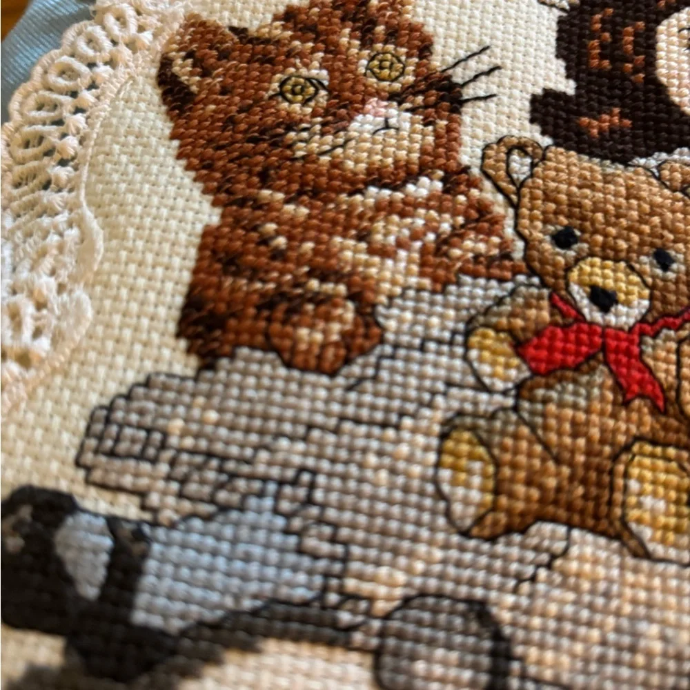 Handmade VTG Victorian Pillow Blue Cross-Stitch Doll Teddy Kitty Lace Trim - Picture 4 of 8